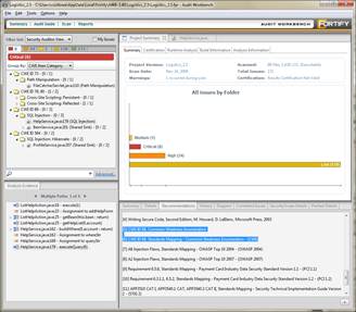 HP Fortify Audit Workbench, grouping by CWE (left) and highlighting the CWE reference of a particular issue (bottom)