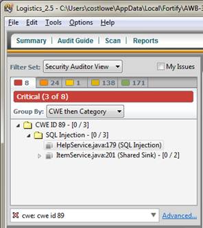 HP Fortify Audit Workbench searching for a particular CWE.