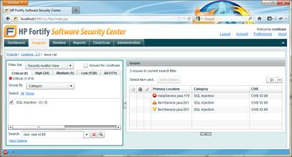 HP Software Security Center searching for a particular CWE.