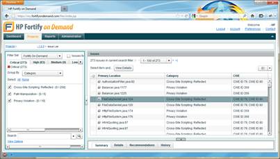 HP Fortify on Demand displaying CWE mappings (right    column), without specifying CWE search criteria.