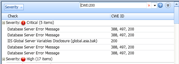 With HP WebInspect a user can create a set of vulnerabilities to check for by CWE number or filter searching for a particular CWE.