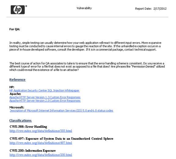 The CWE Identifier is included in reports along with a link to MITRE. (See under classifications.)