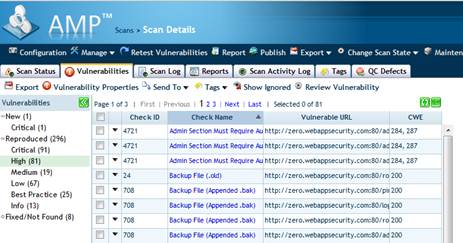 HP AMP, showing the issue list with CWE mappings (right-most column).