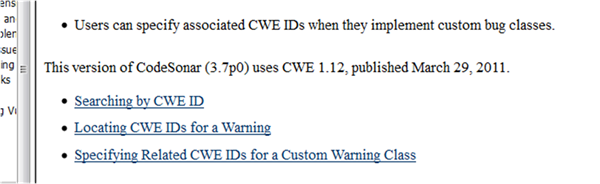 Figure 1. CodeSonar manual screenshot showing CWE version notification.
