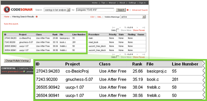 Figure 10 . Results of search for CWE:416 are the  same whether the search was executed using the Simple Search Tool (Figure 8) or Advanced  Search Page (Figure 9).