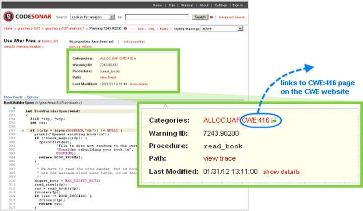 Figure 12. CodeSonar Warning Report, showing  location of associated CWE Identifiers.