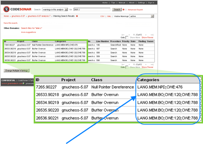 Figure 14. Warning Search Results page, showing available Categories column with CWE-IDs.