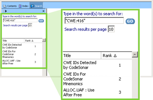 Figure 15 . Result of searching for  "CWE:416" in the CodeSonar manual.