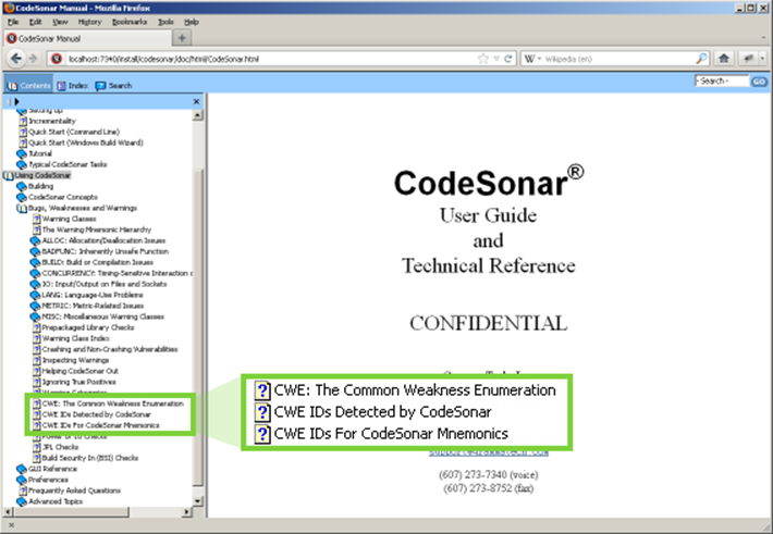 Figure 2. CodeSonar Manual: CWE sections listed in the table of contents.