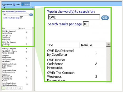 Figure 3. CodeSonar Manual: top search results for "CWE".