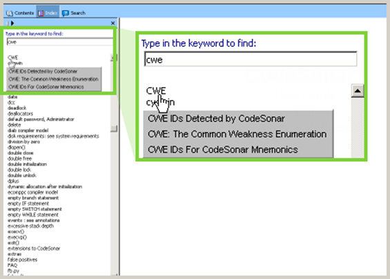 Figure 4. CodeSonar Manual: index entries for 