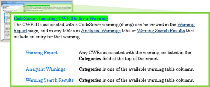 Figure 6 . CodeSonar Manual: Locating CWE-IDs for a warning.