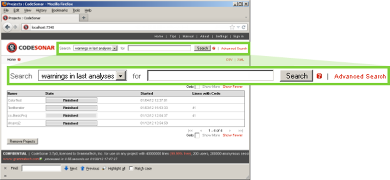Figure 7 . Every page of the CodeSonar GUI contains  the Simple Search Tool.