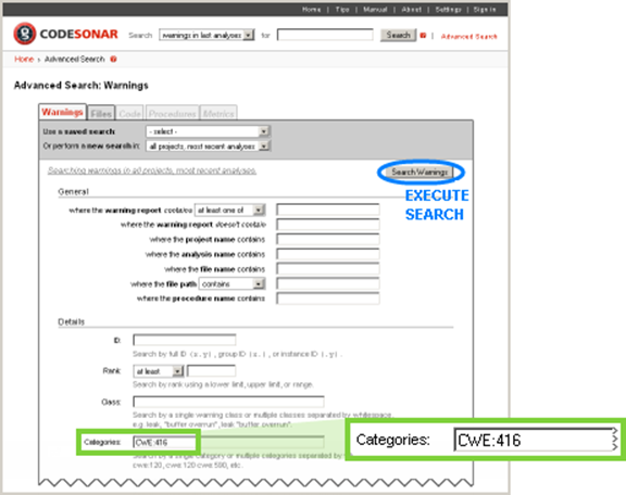 Figure 9 . Using CodeSonar Advanced Search to find  all warnings associated with CWE:416.