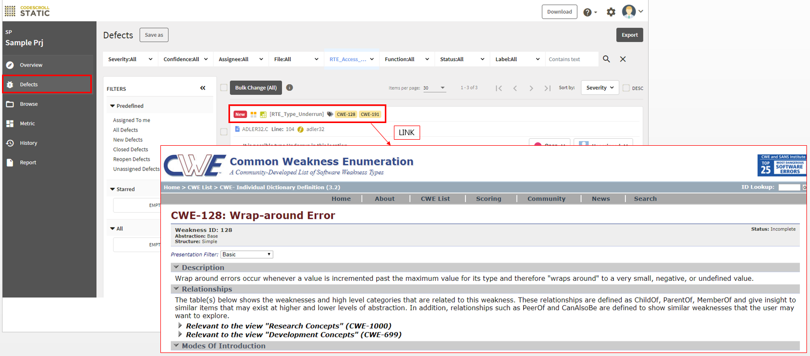 Related CWE-ID link of label of defect