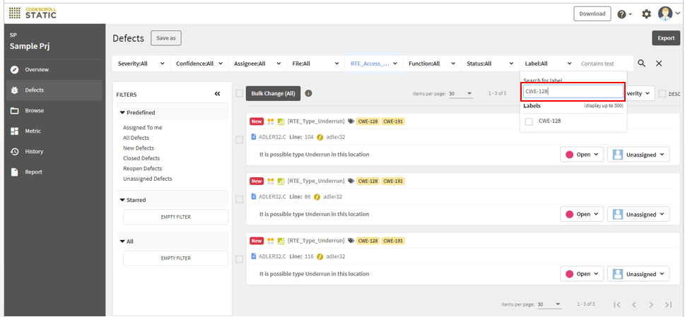 Filter the defects(tasks) with CWE-ID