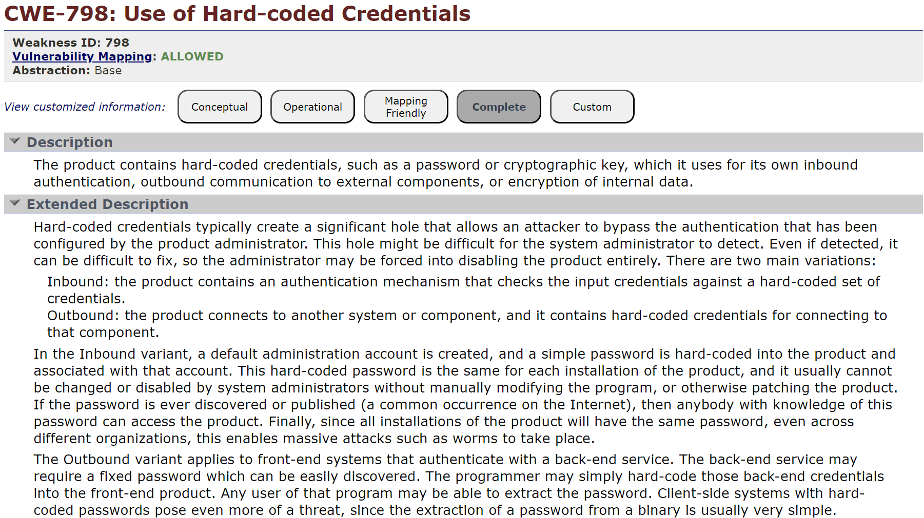 Example of Usability Improvements on CWE Entry Pages - Before